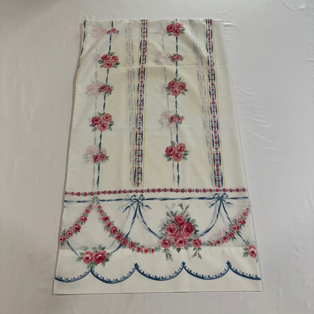Sears Perma-Prest Queen Pillowcase Vintage Floral Pink Rose Blue Ribbon USA Made